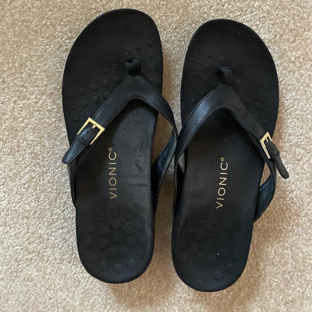 Vionic Black Leather Thong Sandals with Gold Buckles
